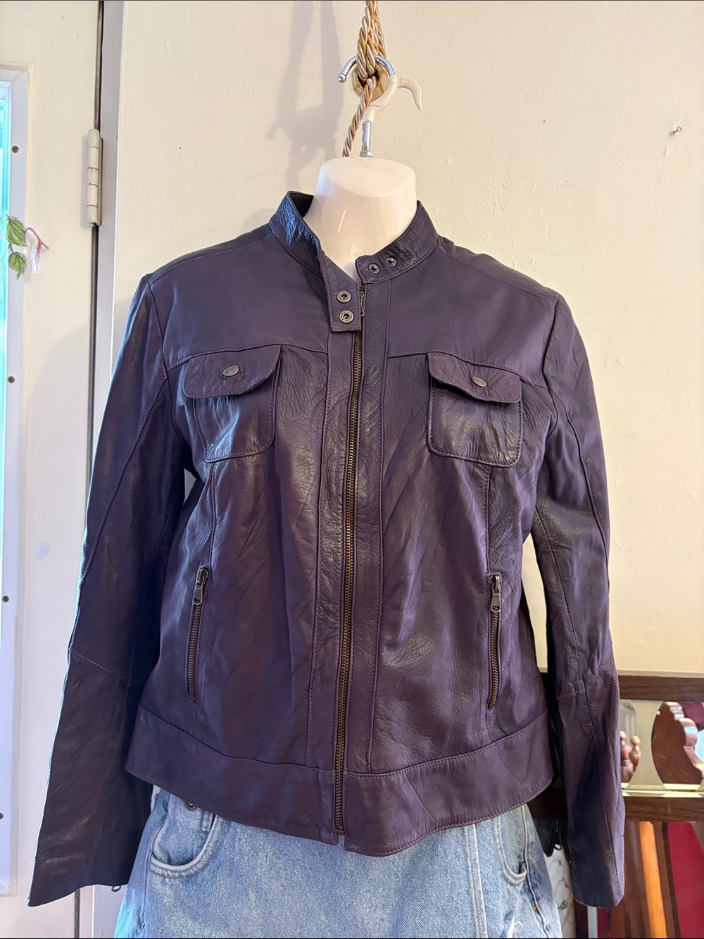 Women's Purple Leather Zip-Up Moto Jacket